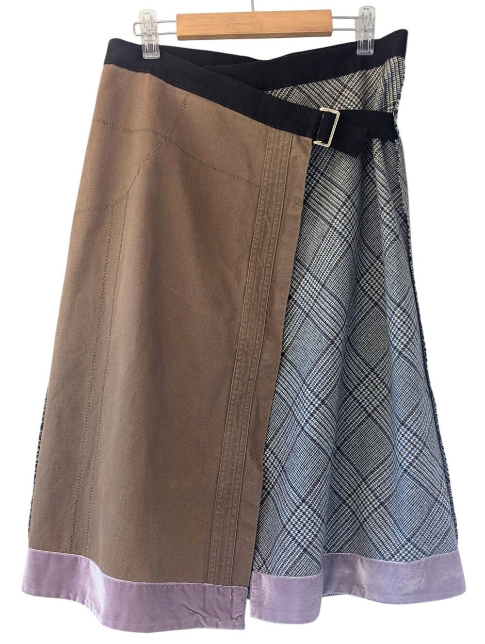 Vintage Sisley Asymmetric Wrap Patchwork Plaid Midi Skirt